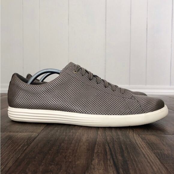 Cole Haan Leather Sneaker Crosscourt II Shoe Perforated Burnished Size 11.5 Gray - Picture 1 of 16